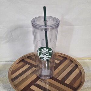 Starbucks Venti Tumbler Clear Green Logo Lid 24oz Double Wall Straw Screw on lid